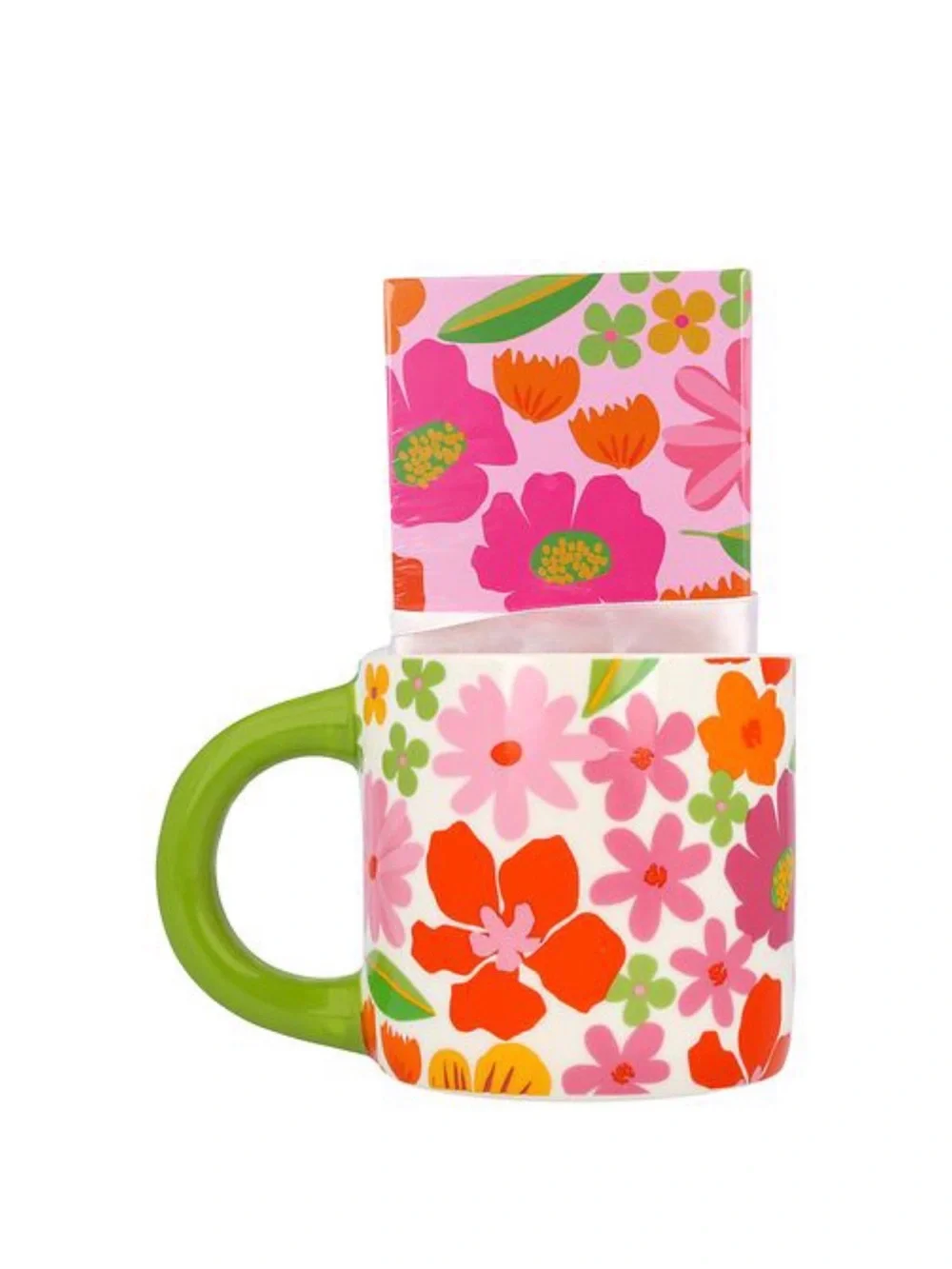 Floral Ceramic Gift Mug with Green Handle - Pink & Orange Design